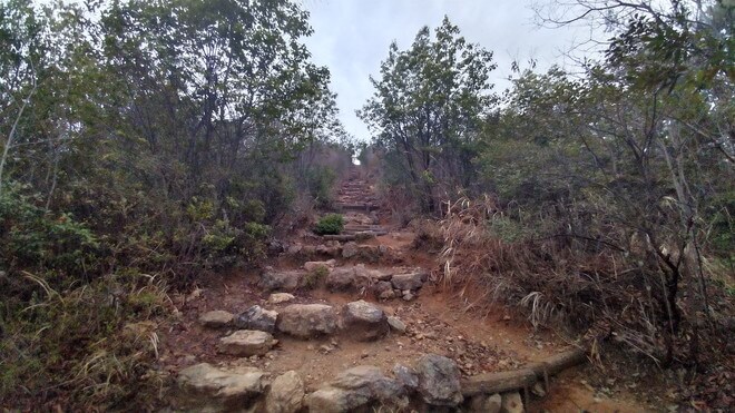 石でできた階段の上りの登山道