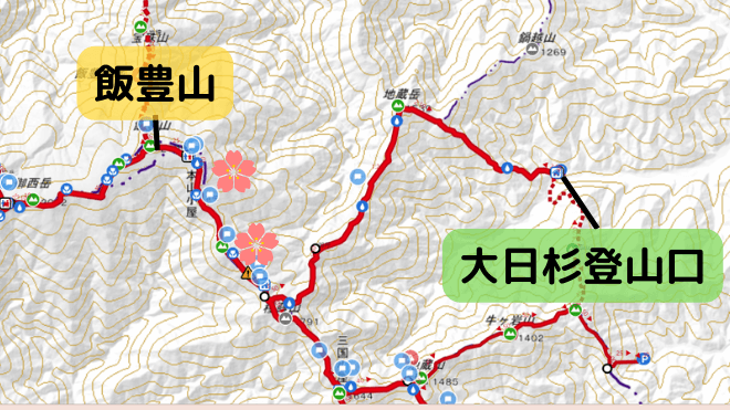 飯豊山の登山コース概要図