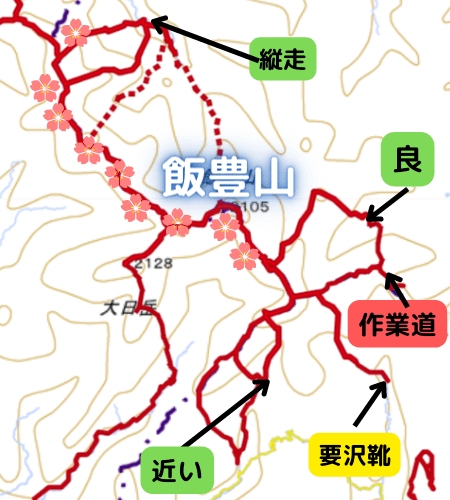 飯豊山の登山道の紹介図