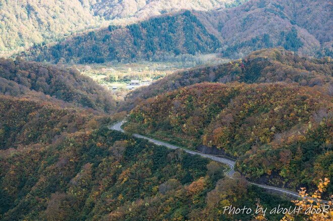 紅葉時期の越後駒ケ岳の登山道から見た銀山平